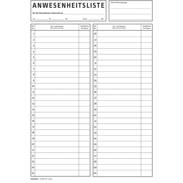 Anwesenheitsliste DIN A4, Block für 50 Schüler-0