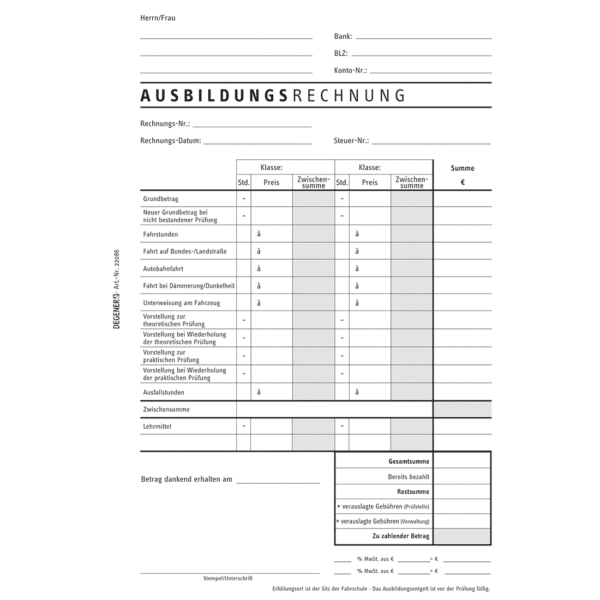 Rechnungsblock für 2 Ausbildungsklassen-0