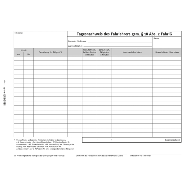 Arbeitszeitnachweis für Fahrlehrer (DIN A5, Block mit 50 Blatt)-0