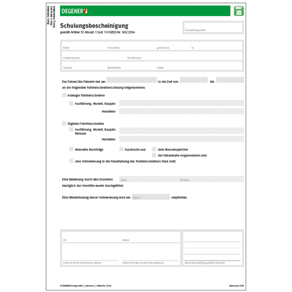 Artikel-Nr. 22166 - Schulungsbescheinigung Tachographen-Unterweisung