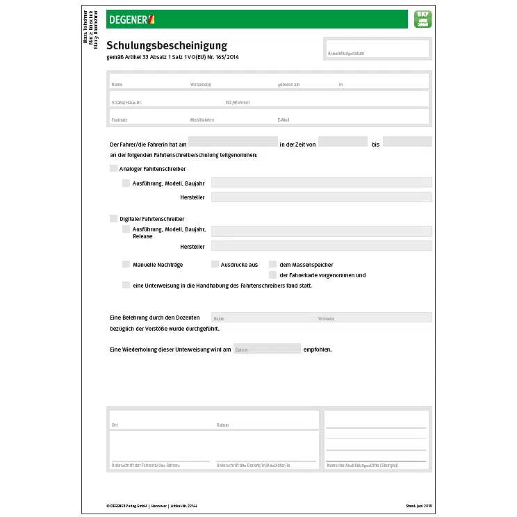 Artikel-Nr. 22166 - Schulungsbescheinigung Tachographen-Unterweisung