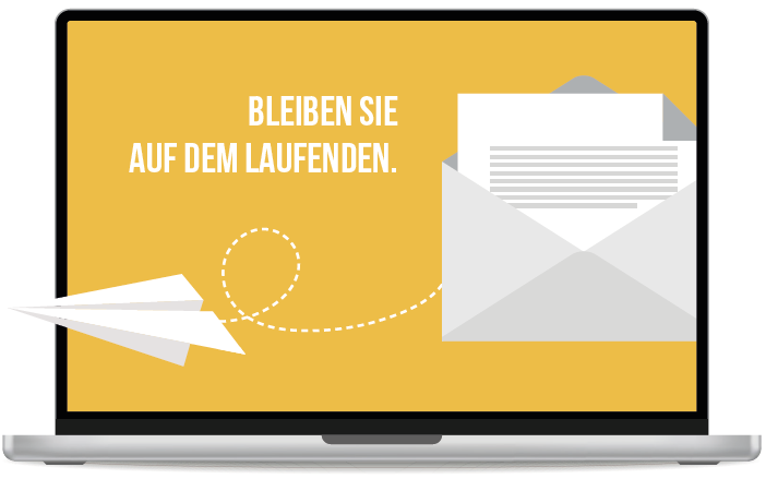 Laptop-Bildschirm mit der Aufschrift „Bleiben Sie auf dem Laufenden" und Symbolen für Newsletter-Anmeldung