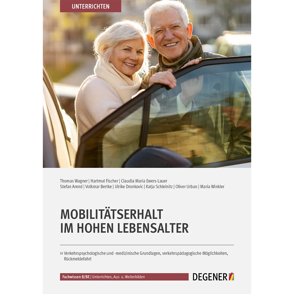 Buchcover „Mobilitätserhalt im hohen Lebensalter" von Wagner u. a., DEGENER Verlag, mit zwei älteren Menschen an einem Auto