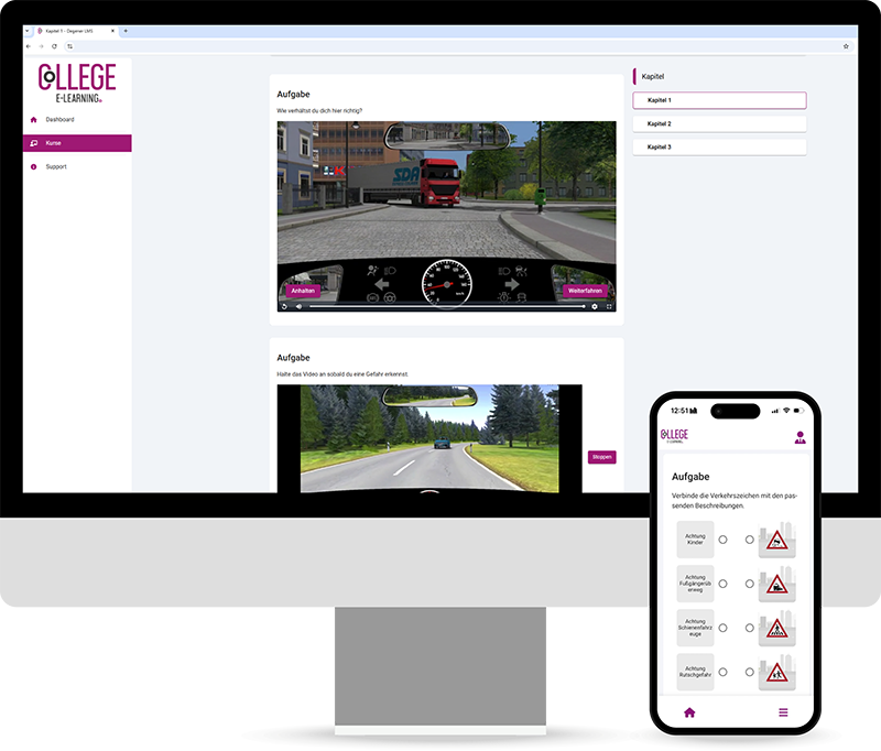 Aynchrones Lernen mit College College E-Learning Plattform auf Desktop und Smartphone mit Fahrschul-Lernaufgaben und interaktiven Verkehrsszenarien
