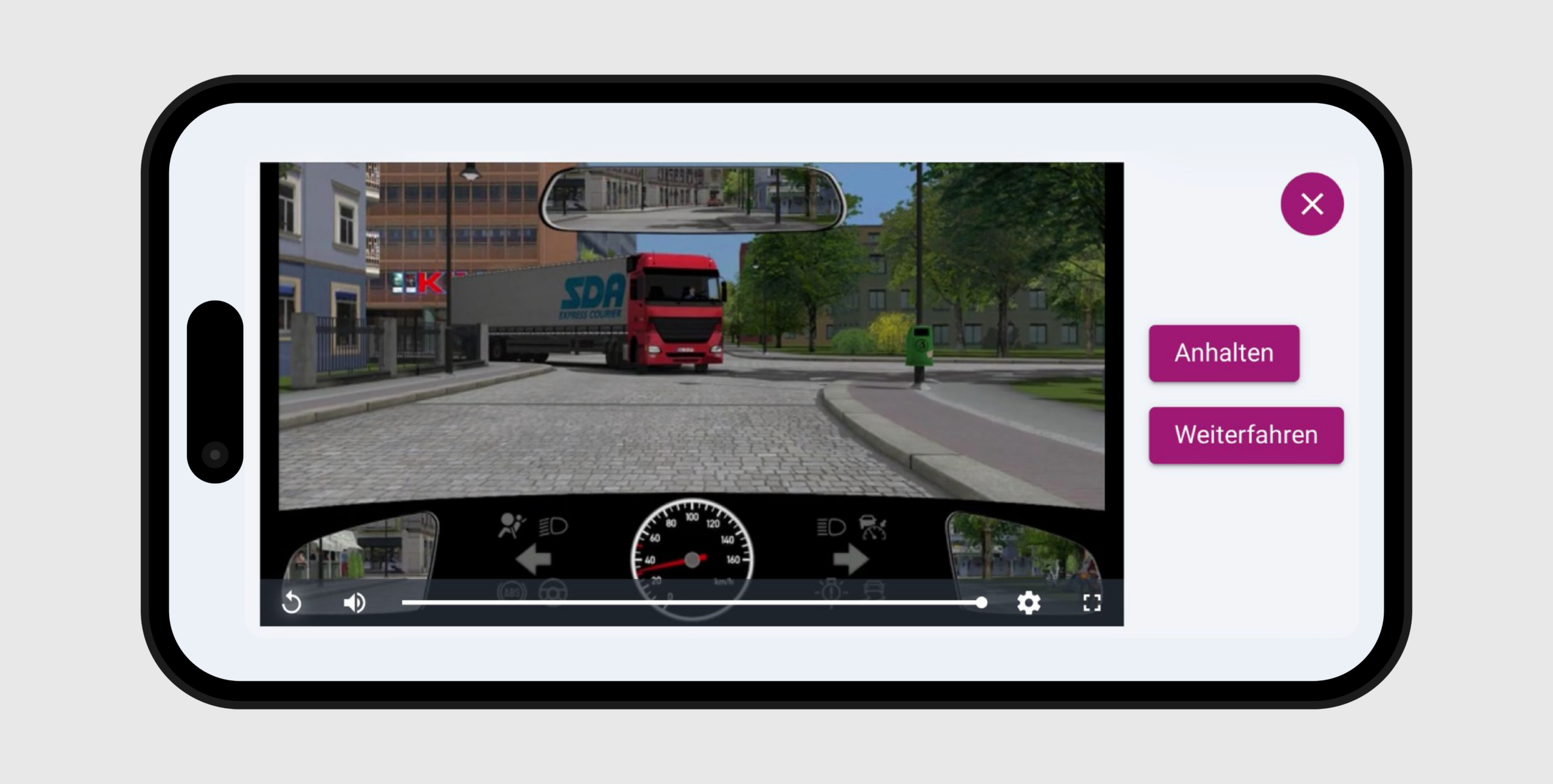 College - Das E-Learning von DEGENER Fahrschul-Simulation auf einem Smartphone: Cockpitperspektive mit entgegenkommendem LKW, Tacho und Schaltflächen „Anhalten" und „Weiterfahren"