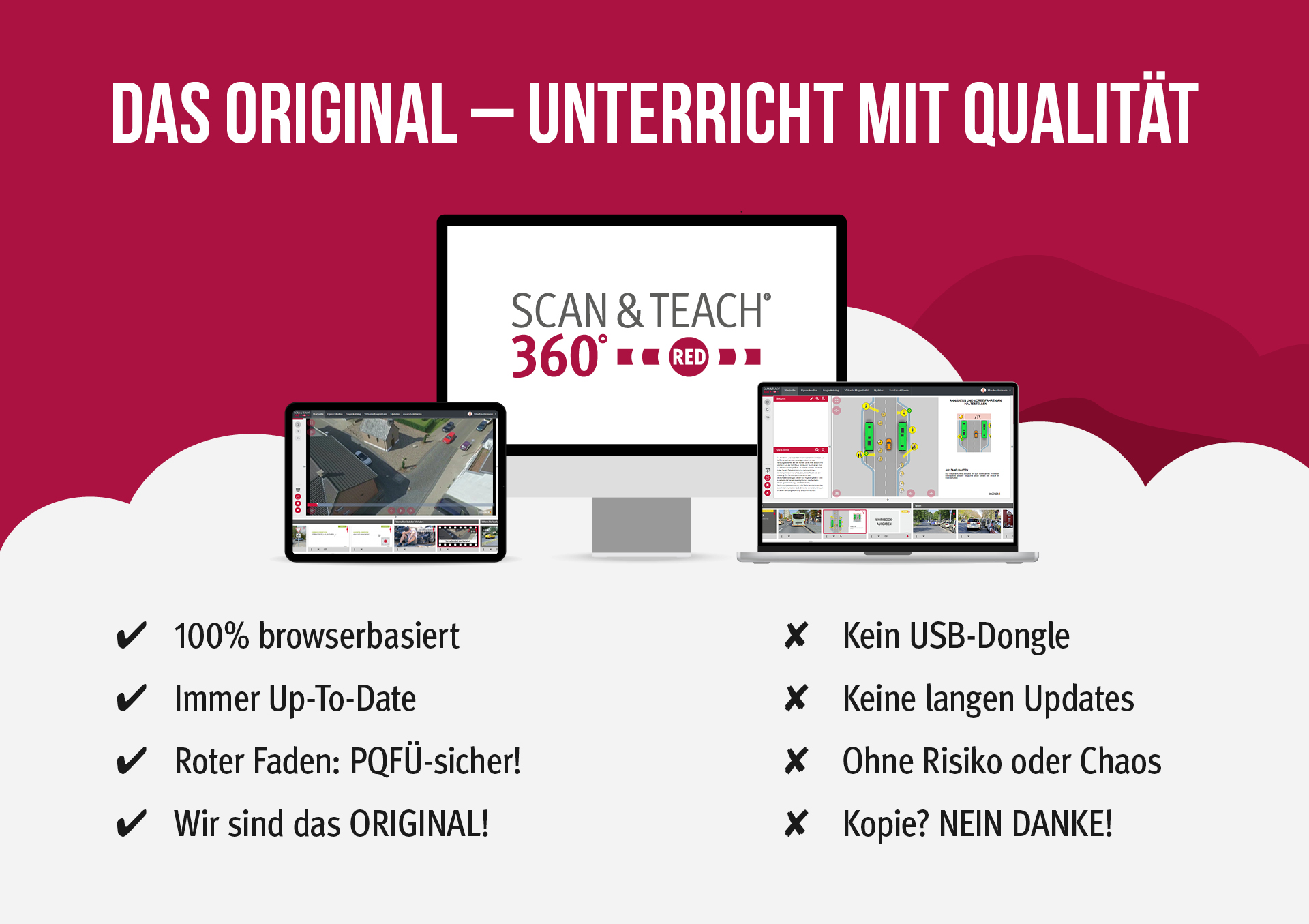 Das Original - Unterricht mit Qualität Scan & Teach 360° RED – browserbasierte Fahrlehrersoftware: 100% browserbasiert, immer aktuell, PQFÜ-sicher, kein USB-Dongle nötig