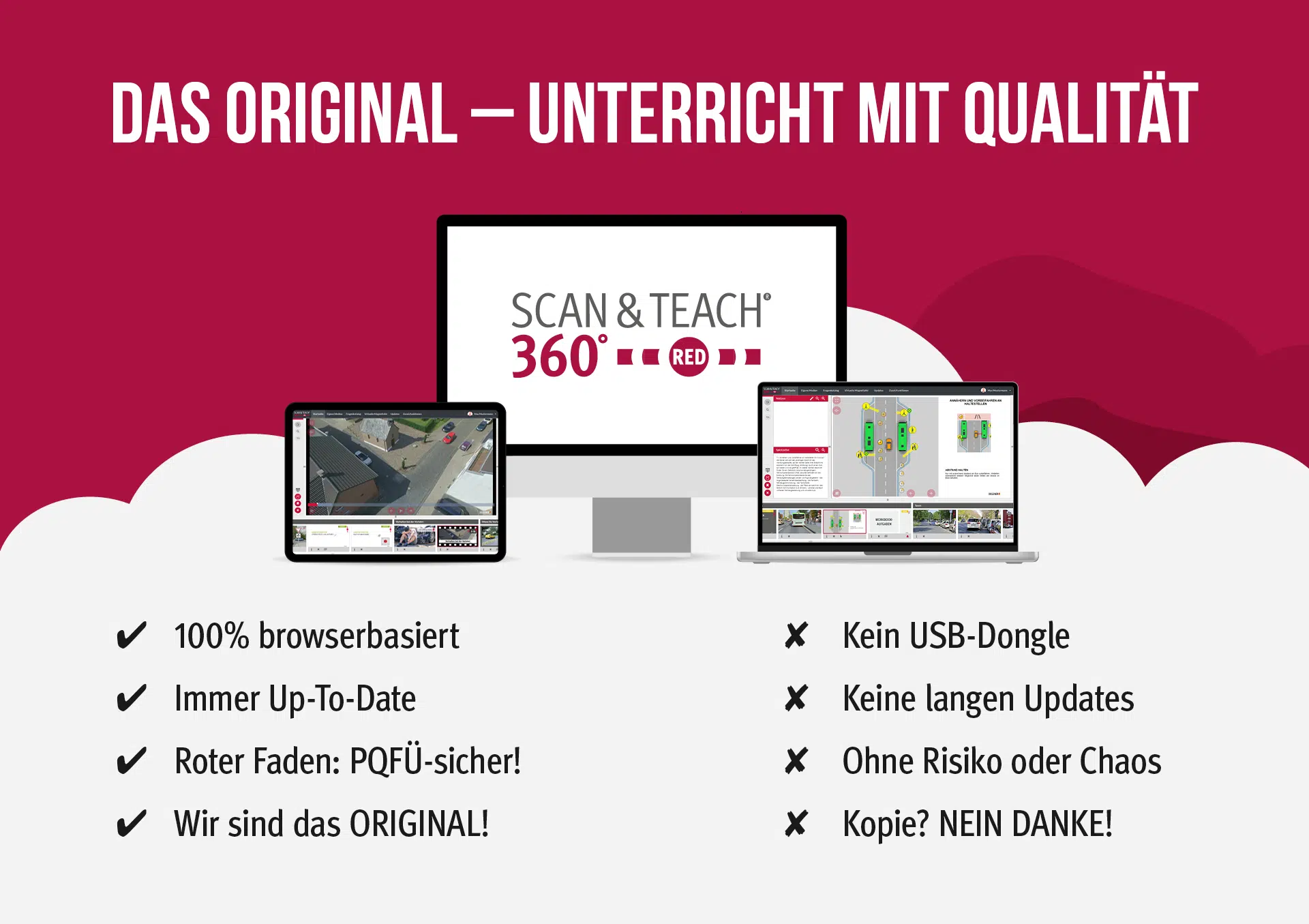 Das Original - Unterricht mit Qualität Scan & Teach 360° RED – browserbasierte Fahrlehrersoftware: 100% browserbasiert, immer aktuell, PQFÜ-sicher, kein USB-Dongle nötig