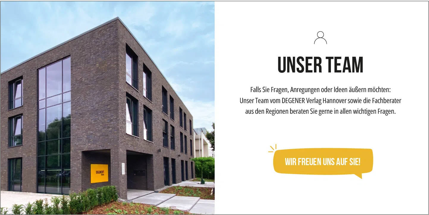 Unser Team Außenansicht des DEGENER Verlag Gebäudes in Hannover