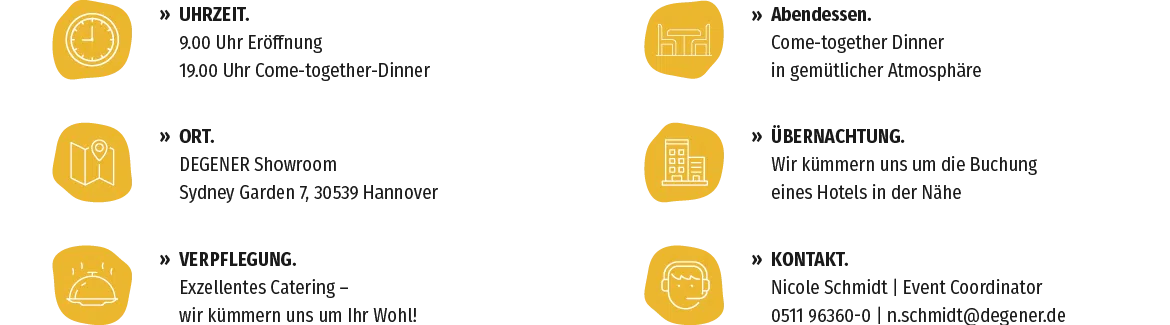 programm-infotage-desktop Veranstaltungsinfografik mit Uhrzeit (9:00 Eröffnung, 19:00 Dinner), Ort (DEGENER Showroom, Hannover), Verpflegung, Abendessen, Übernachtung und Kontakt Nicole Schmidt
