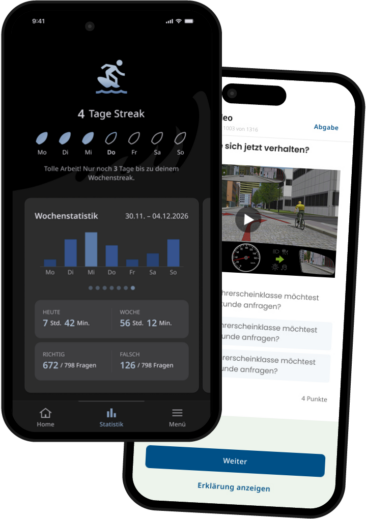 Das neue CLICK & LEARN 360° online Zwei Smartphones zeigen die App 360° online von Degener: Startbildschirm mit Logo und Fahrschulübung mit Verkehrssituationsvideo und Fragen zur Fahrerlaubnisklasse